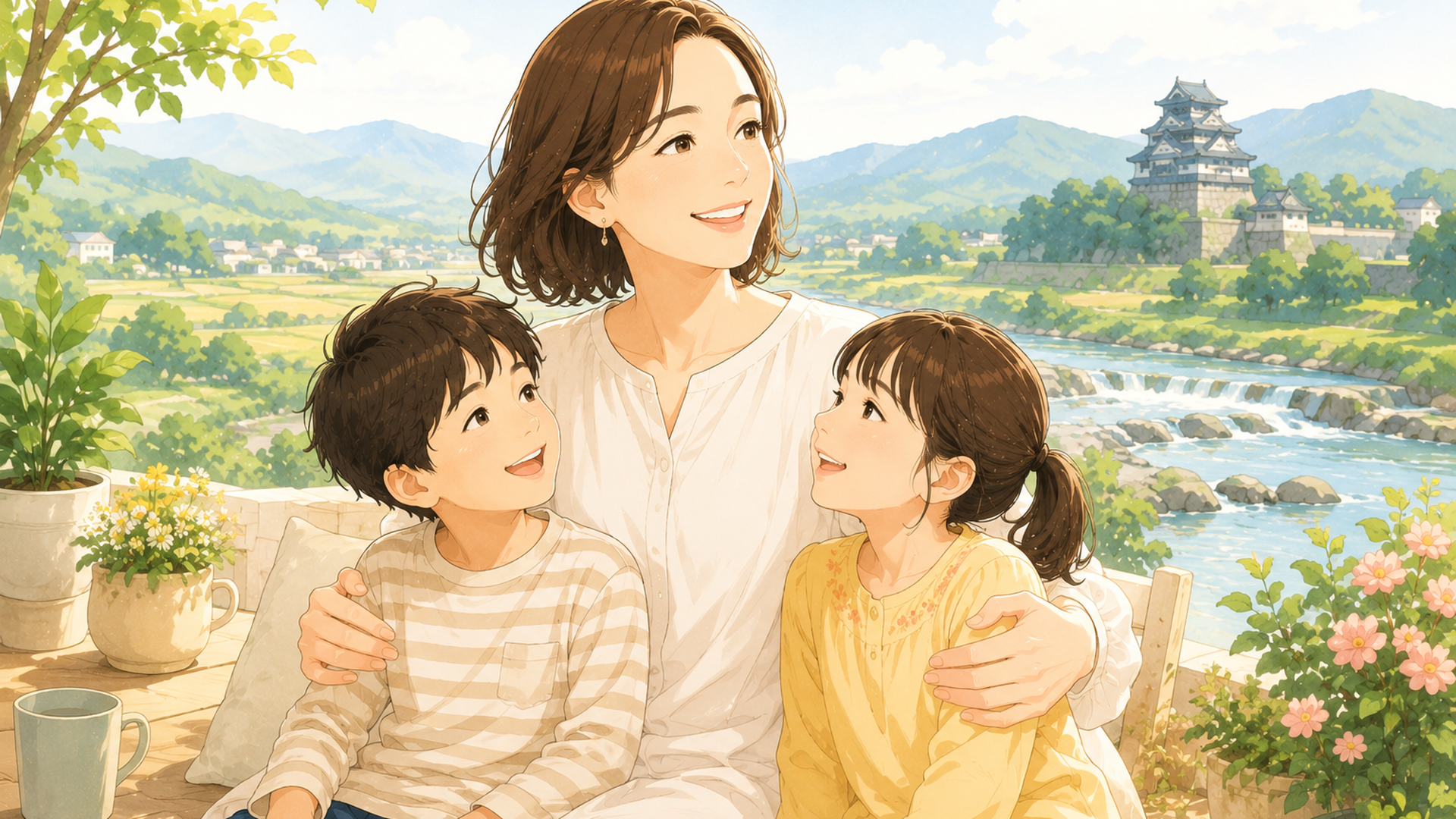 宝塚の華やかな舞台を背景に花組と月組を象徴する二人の男役トップスターをイメージしたイラスト