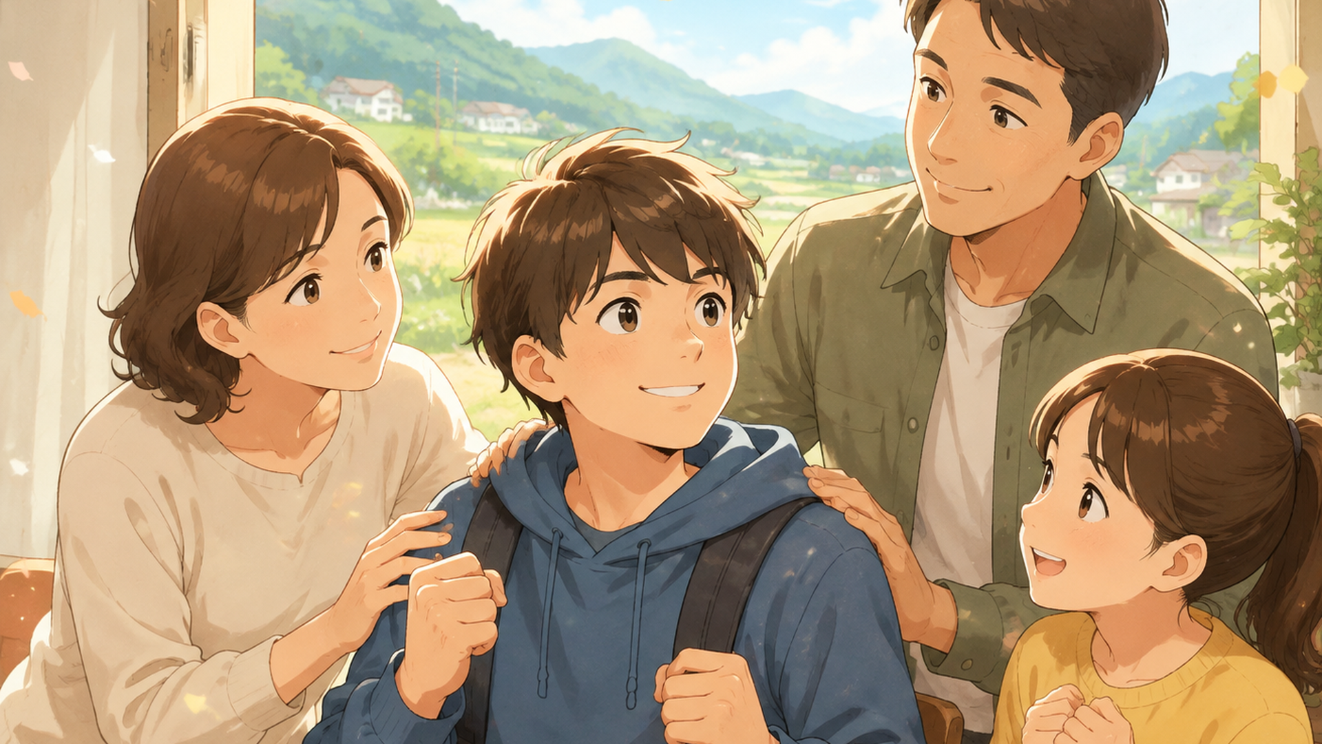 地方から芸能界を目指す少年を家族が温かく支えるイメージ