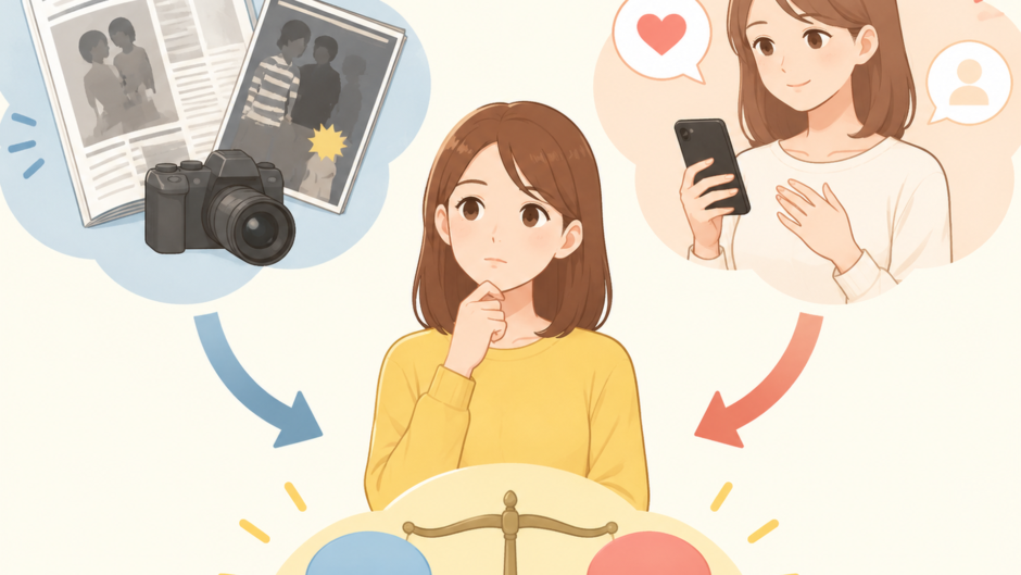 週刊誌報道と本人発信による双方の主張を整理するイメージ